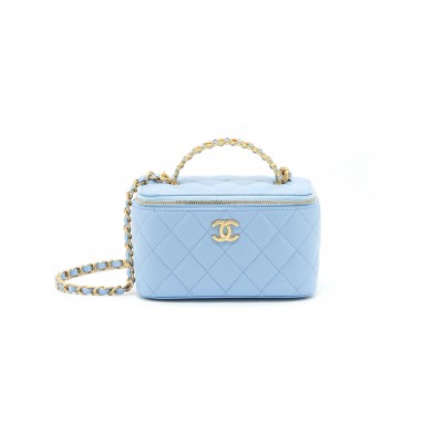CHANEL 22S LONG VANITY CASE WITH LETTER HANDLE CAVIAR LIGHT BLUE AP2805 (17*10*8cm)